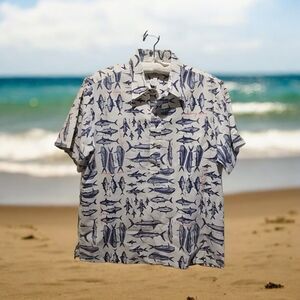 Vintage His Royal Highness HRH White Blue Deep Sea Fish Hawaiian Shirt Men L